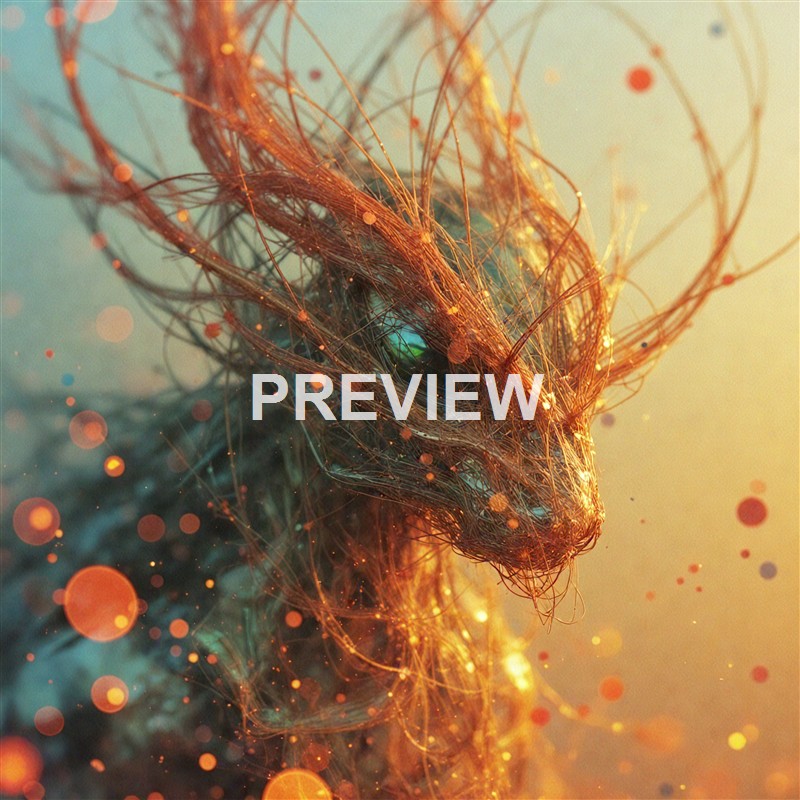 A highly detailed, abstract depiction of a creature resembling a dragon or a mythical beast, composed of intricate, glowing, wire-like structures with luminous accents, set against a warm, softly blurred background.